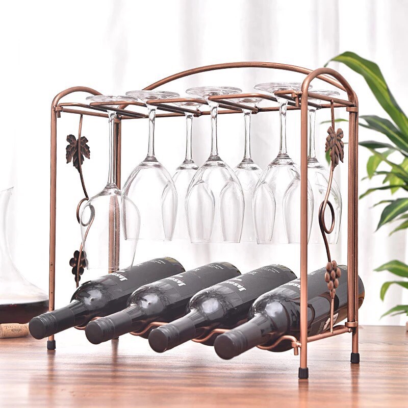 Kệ Để 4 Chai Và 8 Ly Vang Màu Nâu Đồng NT005S