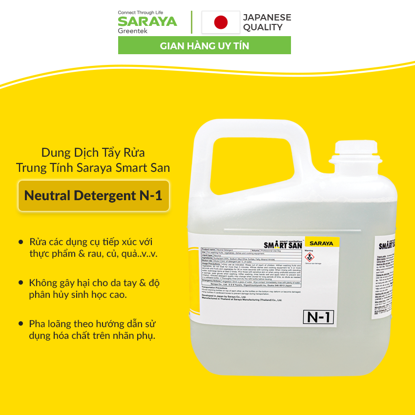 Dung Dịch Tẩy Rửa SARAYA NEUTRAL DETERGENT N-1, Thân Thiện Với Da Tay và Môi Trường - Can 5Kg