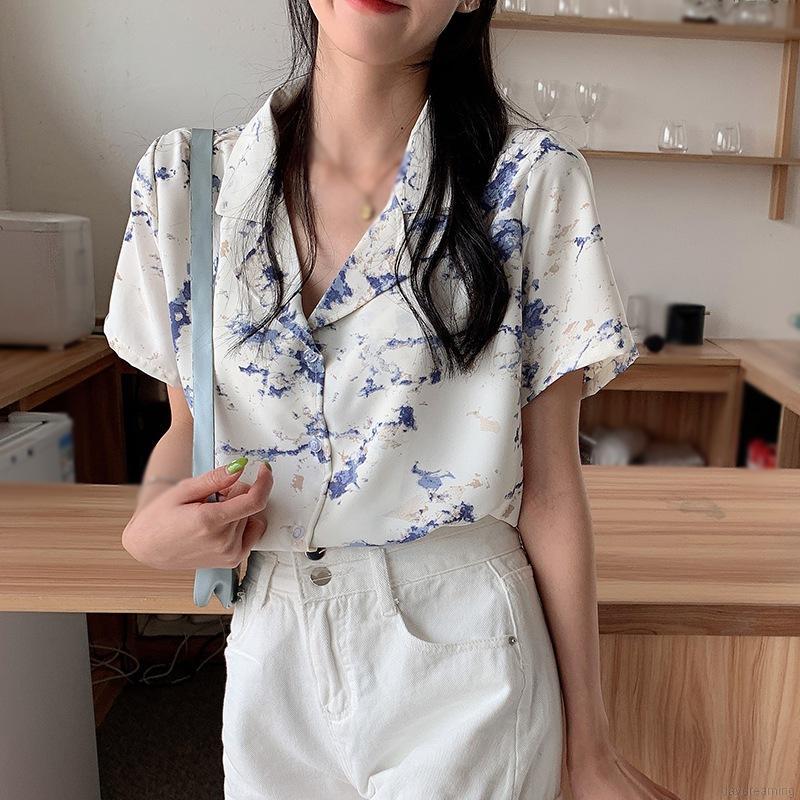 Áo Chiffon Tay Ngắn Dáng Rộng Họa Tiết In Thời Trang Cho Nữ