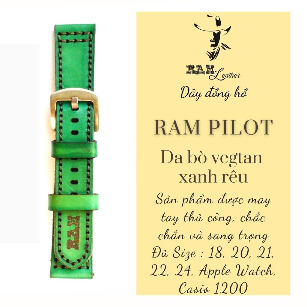 Dây đồng hồ da bò vegtan thảo mộc Ý nhuộm màu thủ công bền chắc - RAM Pilot xanh rêu
