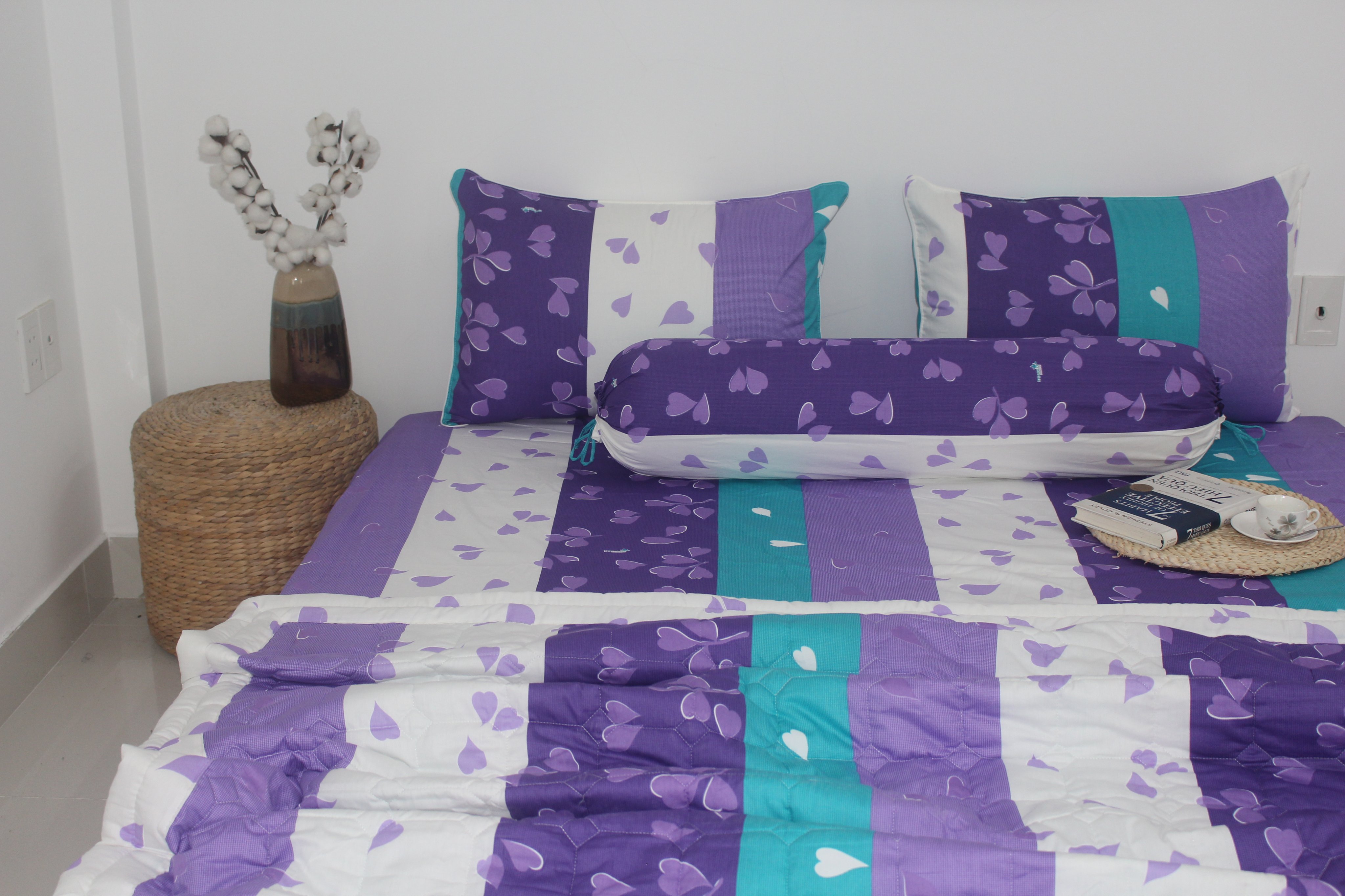 Bộ Drap Gối Cotton -Mẫu TIM TÍM - vải dày dặn, mát mẻ, siêu thấm mồ hôi