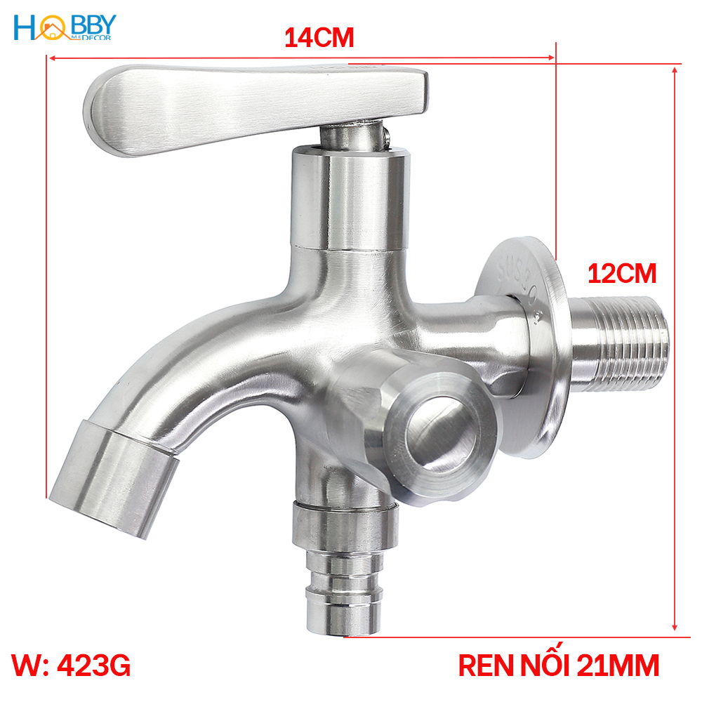 Vòi củ sen lạnh đa năng Inox 304 Hobby Home Decor CS2 2 đầu xả ren nối 21mm không rỉ sét