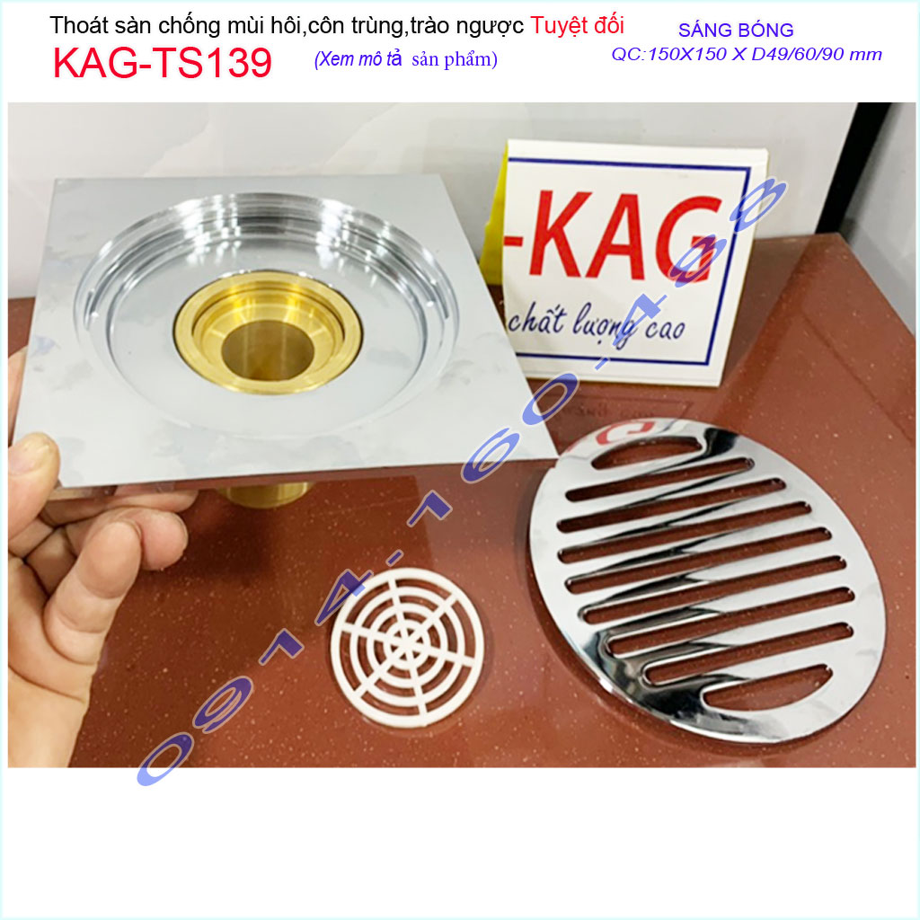 Thoát sàn chống hôi nhà tắm 15x15cm KAG-TS139, phễu thoát sàn chống trào thoát nước nhanh chăn tóc tốt dễ sửa chữa