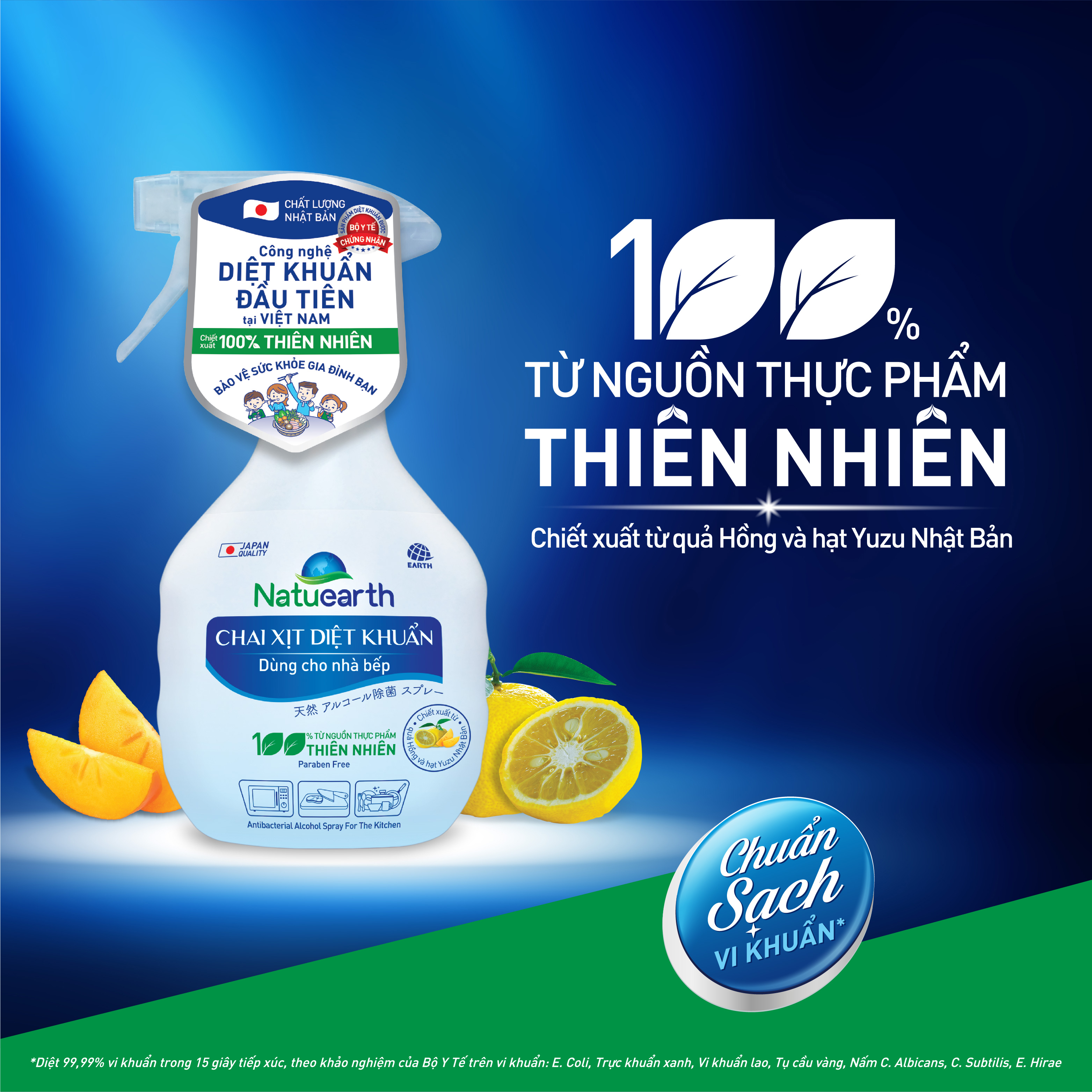 Chai xịt diệt khuẩn Natuearth (410 ml) - Chuyên diệt khuẩn cho nhà bếp và da tay - với 100% nguyên liệu thiên nhiên theo công nghệ Nhật Bản