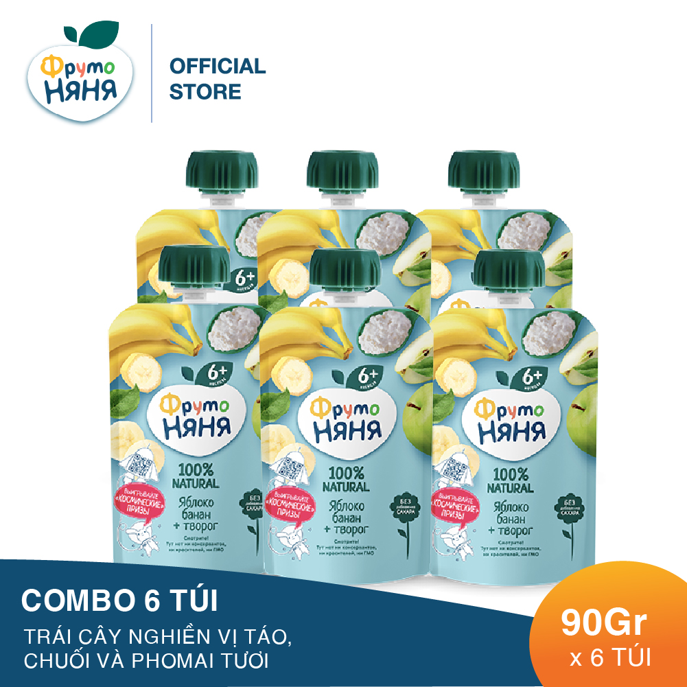 Combo 6 Gói Trái cây nghiền vị táo, chuối và phomai tươi Fruto Nyanya 90g