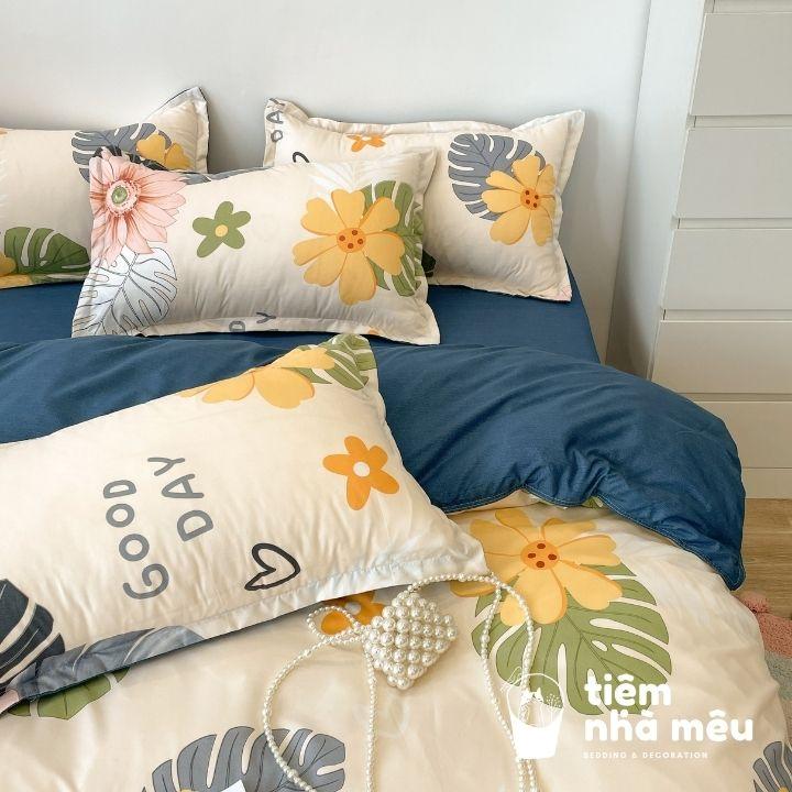 Bộ Chăn Ga Gối Cotton 80% m6/m8/2m - Full size Tiệm Nhà MêuSet 4 Món 2 Vỏ gối ,drap , vỏ chăn lá dứa vàng siêu bền