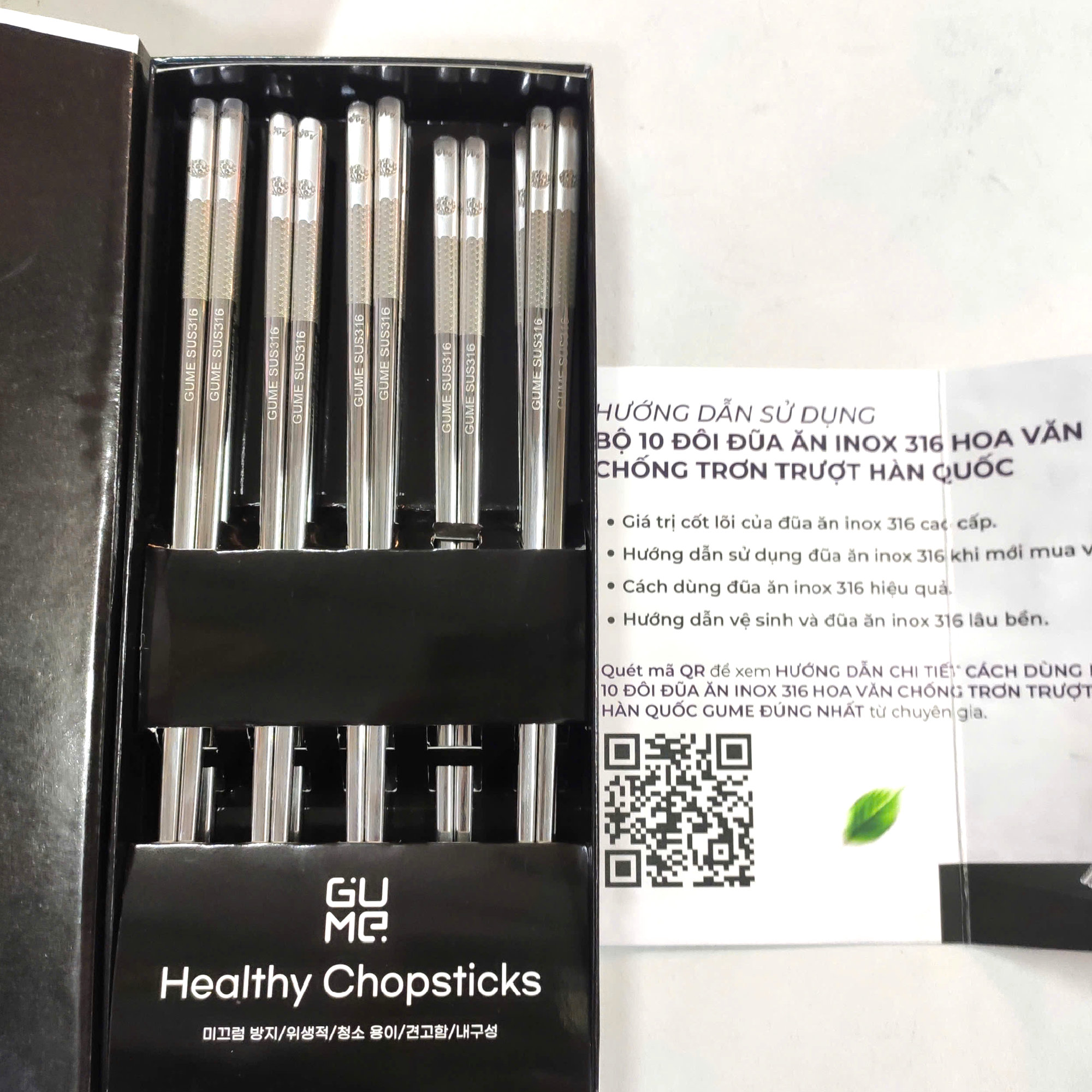 Bộ 10 đôi đũa ăn inox 316 hoa văn chống trơn trượt Gu Me Hàn Quốc GM-D1882 - An Toàn Cho Sức Khỏe