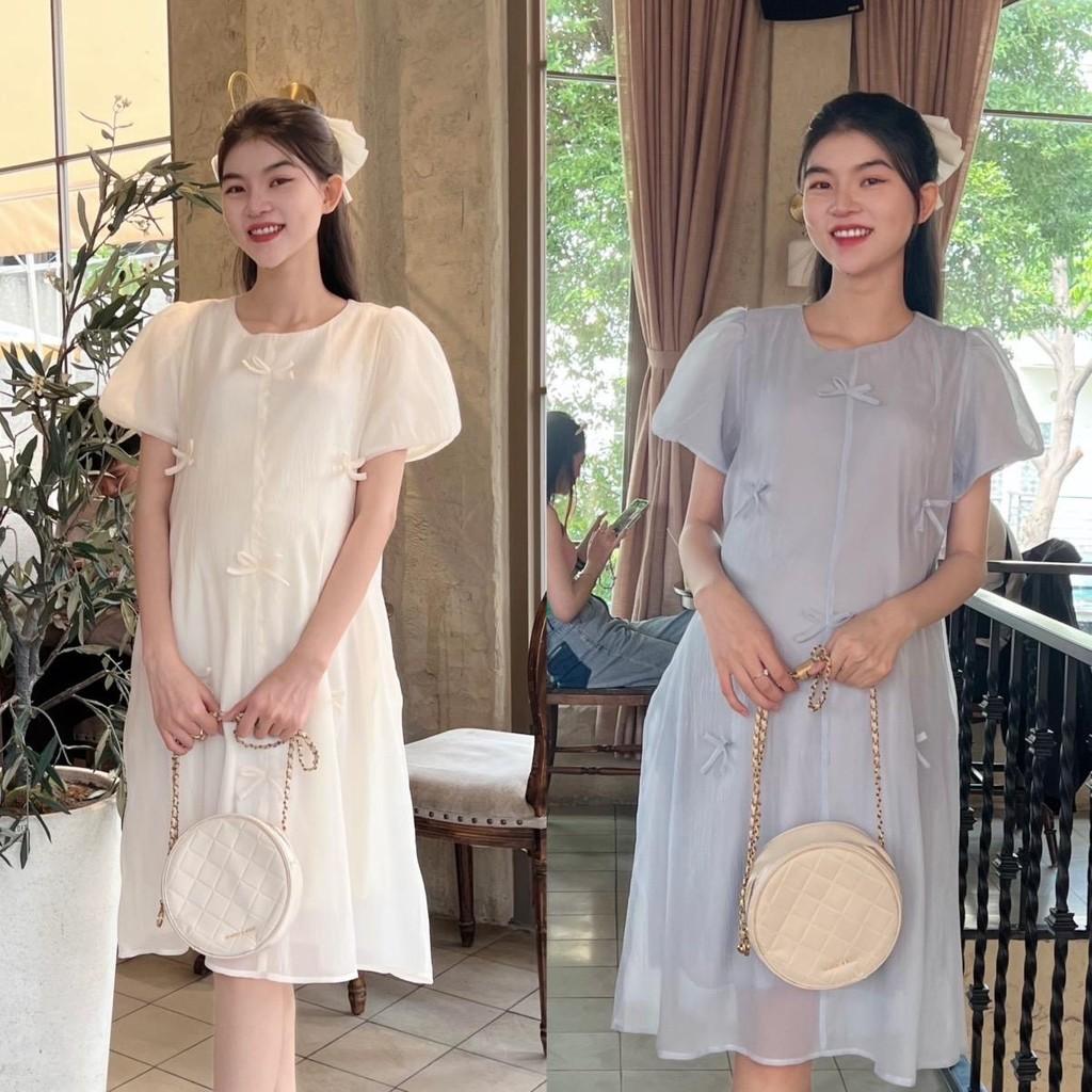 Đầm bầu tơ phom suông đính nơ nhẹ nhàng, dễ thương, sang chảnh Nữ Women - Xám