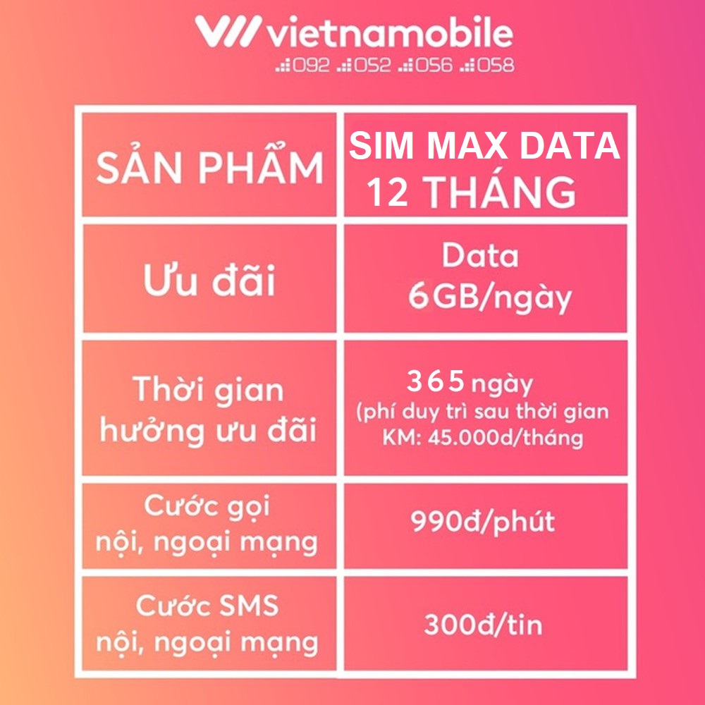 [Miễn Phí 15 Tháng*] SIM MAX DATA 4G VIETNAMOBILE 6GB/Ngày. Trọn Gói 1 Năm - Hàng Chính Hãng