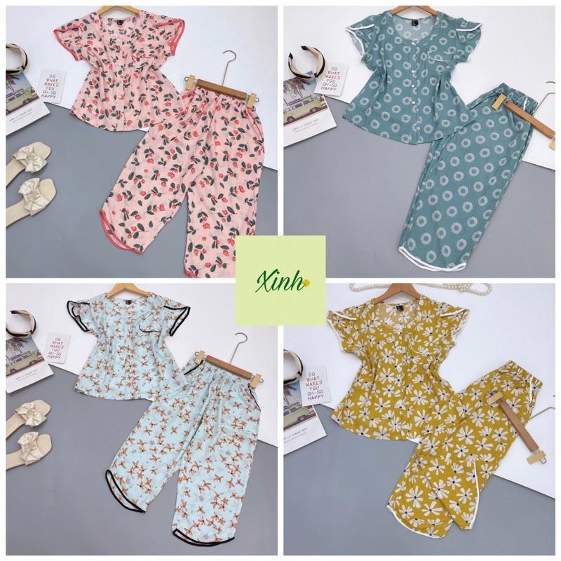 Đồ Bộ Xinh Lửng Áo Cổ Tròn Tay Đắp Tole Lanh