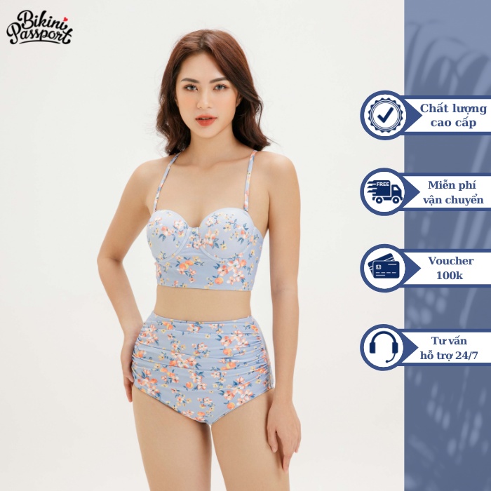 Đồ bơi nữ BIKINI PASSPORT kiểu hai mảnh lưng cao, áo dây cúp ngực - màu Xanh da trời - BS363_BU