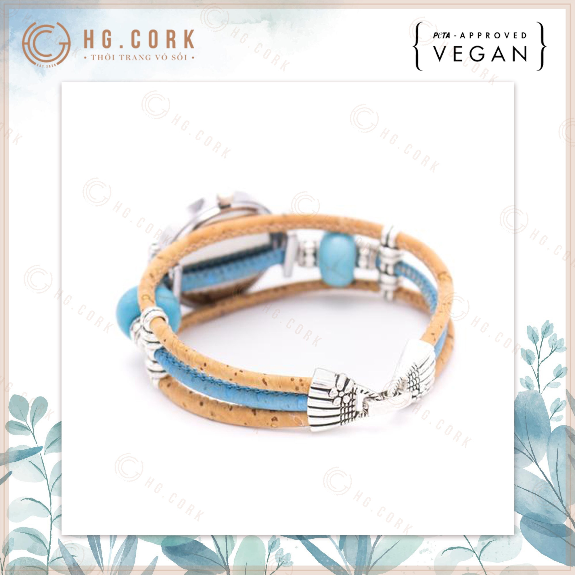 Đồng Hồ Nữ Thời Trang Bồ Đào Nha - HGcork DH11 Dây Đeo Bằng Da Thực Vật (Cork/Lie) Dạng Vòng Tay Kèm Hạt Màu