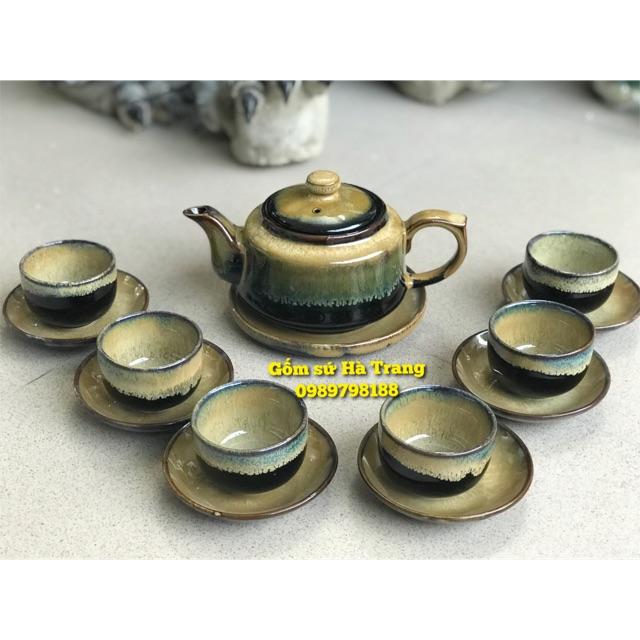 Bộ ấm chén men hoả biến  Dáng vuông thấp gốm sứ Bát Tràng cao cấp