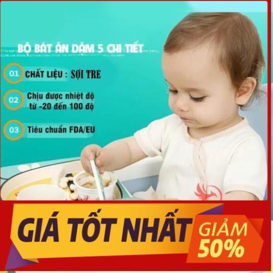 Bộ bát chén khay muỗng ăn dặm cho bé kiểu nhật 5 món đồ kèm thìa dĩa hình thú - bằng sợi tre an toàn FDA/EU