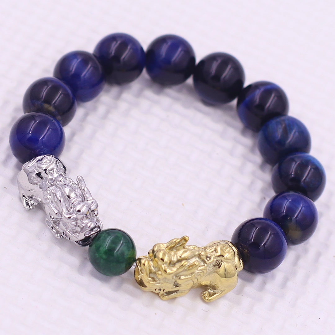 Vòng chuỗi đeo tay đá mắt hổ xanh đen 12 ly charm tỳ hưu đôi inox trắng và vàng, vòng chuỗi phong thủy, charm tỳ hưu, vòng tay hạt chuỗi