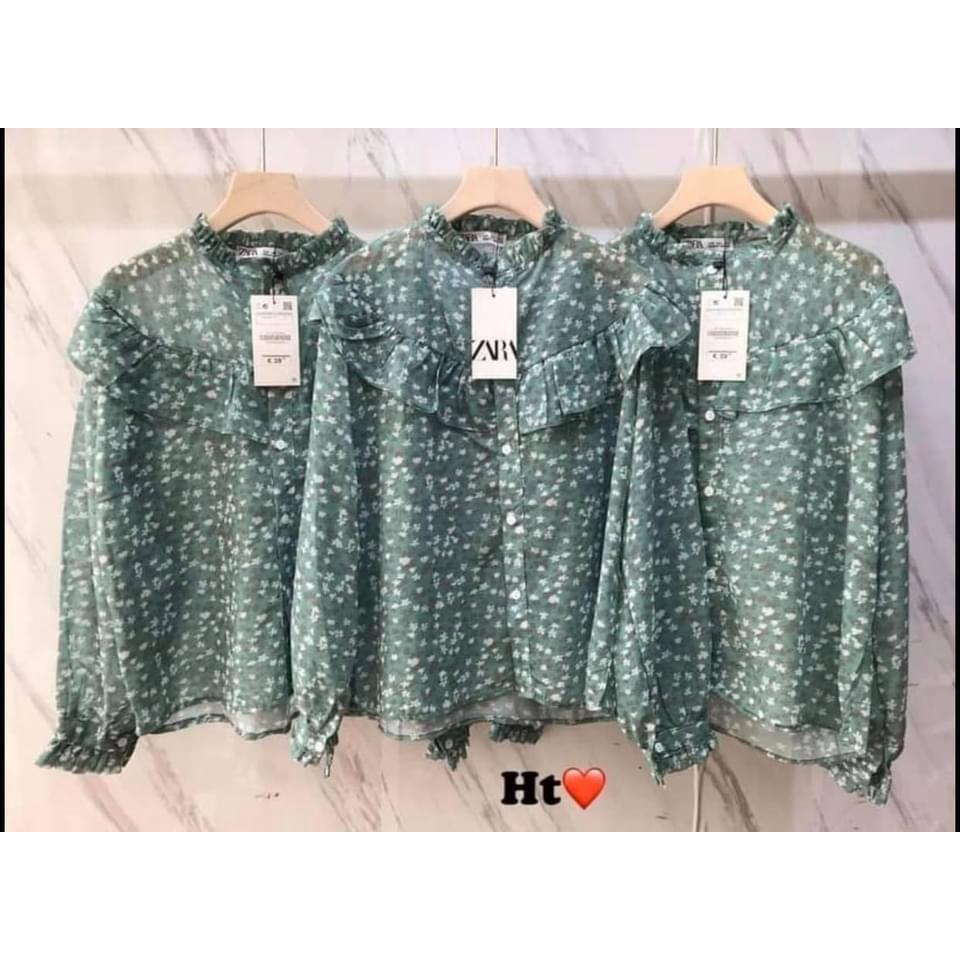 ÁO SƠ MI HOA XANH BÈO VAI KHUY BỌC - DRA0031