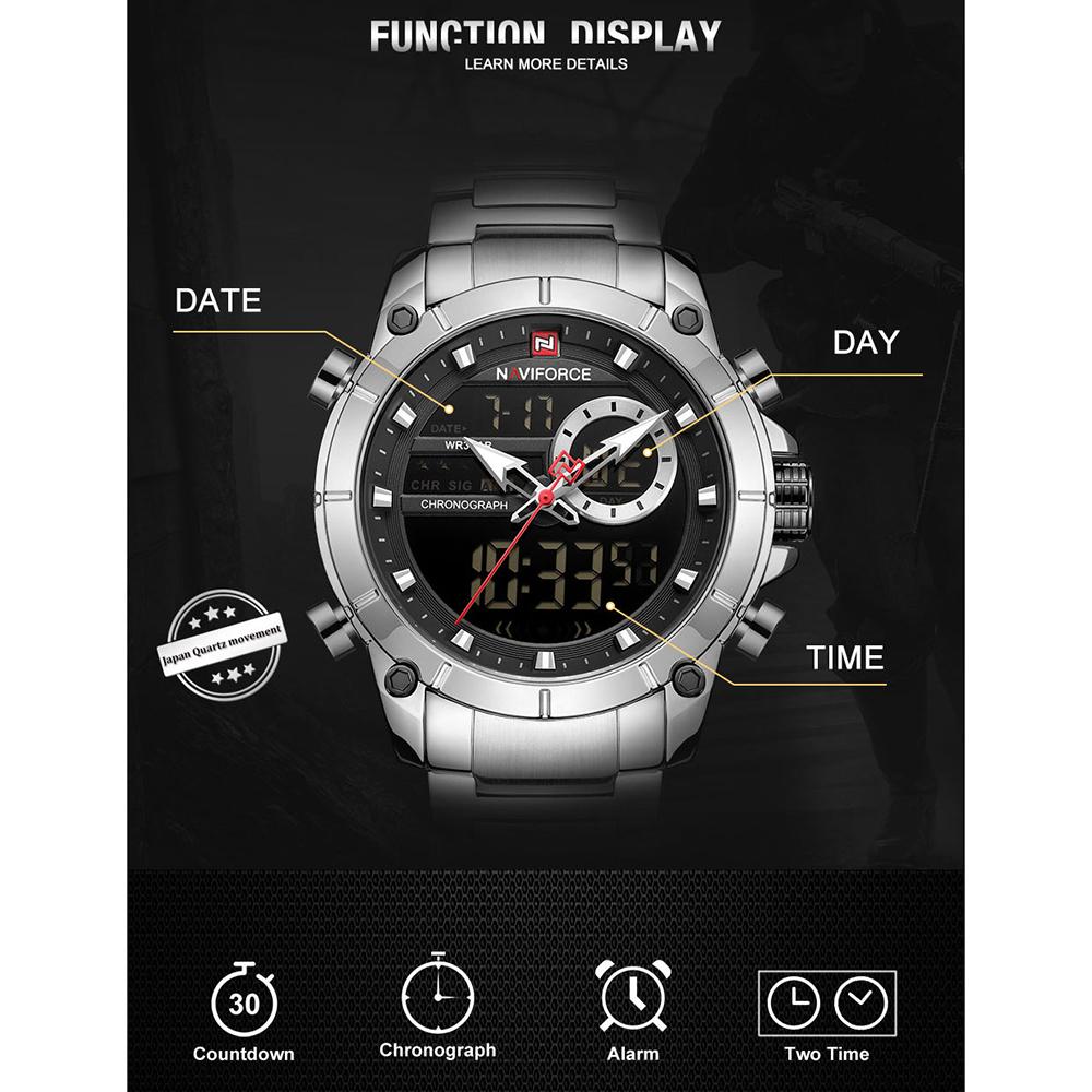 Đồng hồ đeo tay điện tử chuyên nghiệp Chống nước 3ATM Giờ GMT Đa chức năng NAVIFORCE Dây đeo bằng thép không gỉ
