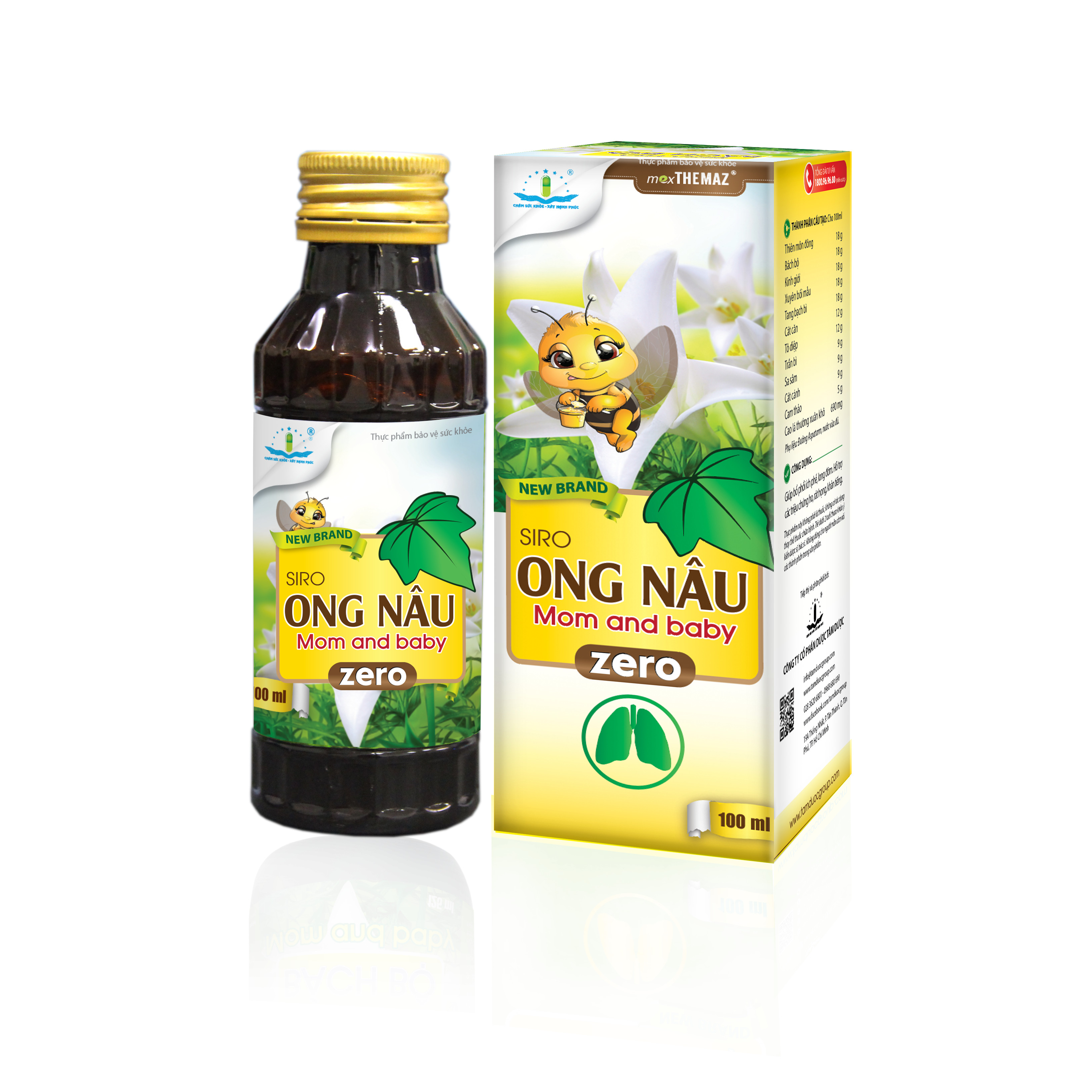 SIRO ONG NÂU MOM AND BABY ZERO Hỗ Trợ Giảm Ho, Đau Họng, Rát Họng, Khan Tiếng, Tiêu Đờm, Bổ Phổi, Ích Phế, Dùng Được Cho Người Tiểu Đường (Chai 100ml)