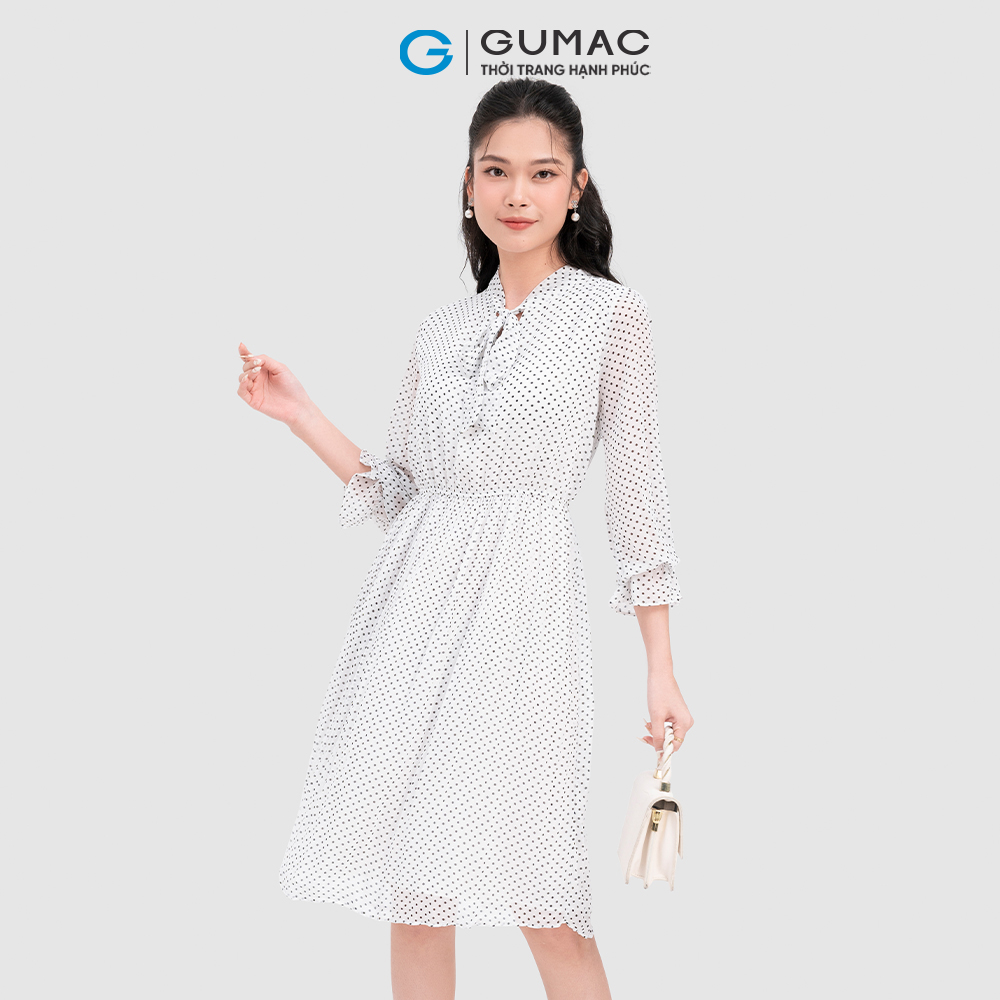 Đầm họa tiết chấm bi cổ nơ nhún eo GUMAC LD1012