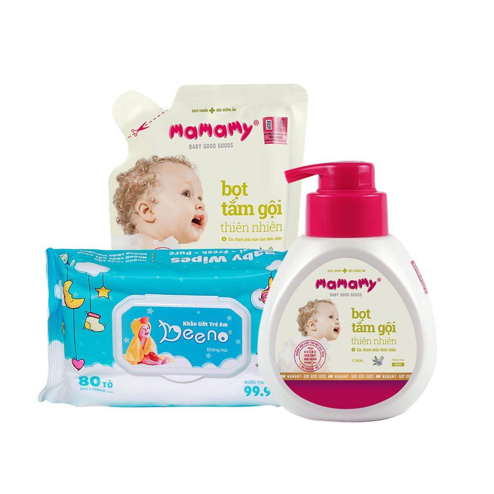 Bọt tắm gội thiên nhiên Mamamy + kèm túi bổ sung + tặng kèm 1 gói khăn ướt Beeno 80 tờ