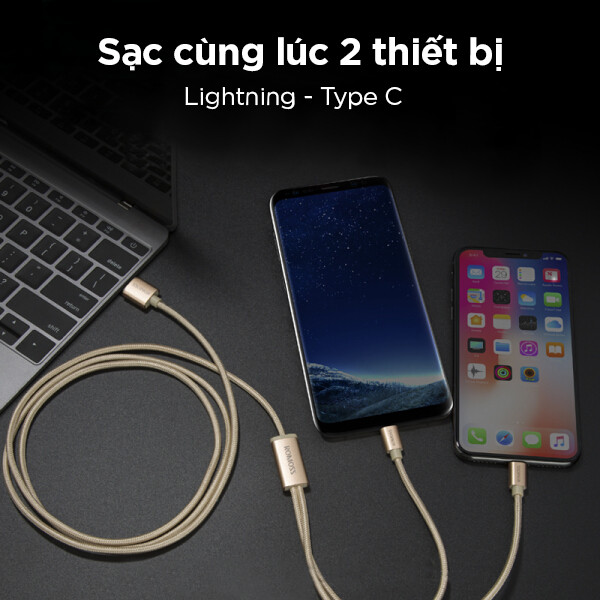 Cáp sạc nhanh Romoss CB21A 2in1 USB to Lightning / Type C dài 1.5m _ Hàng Chính Hãng