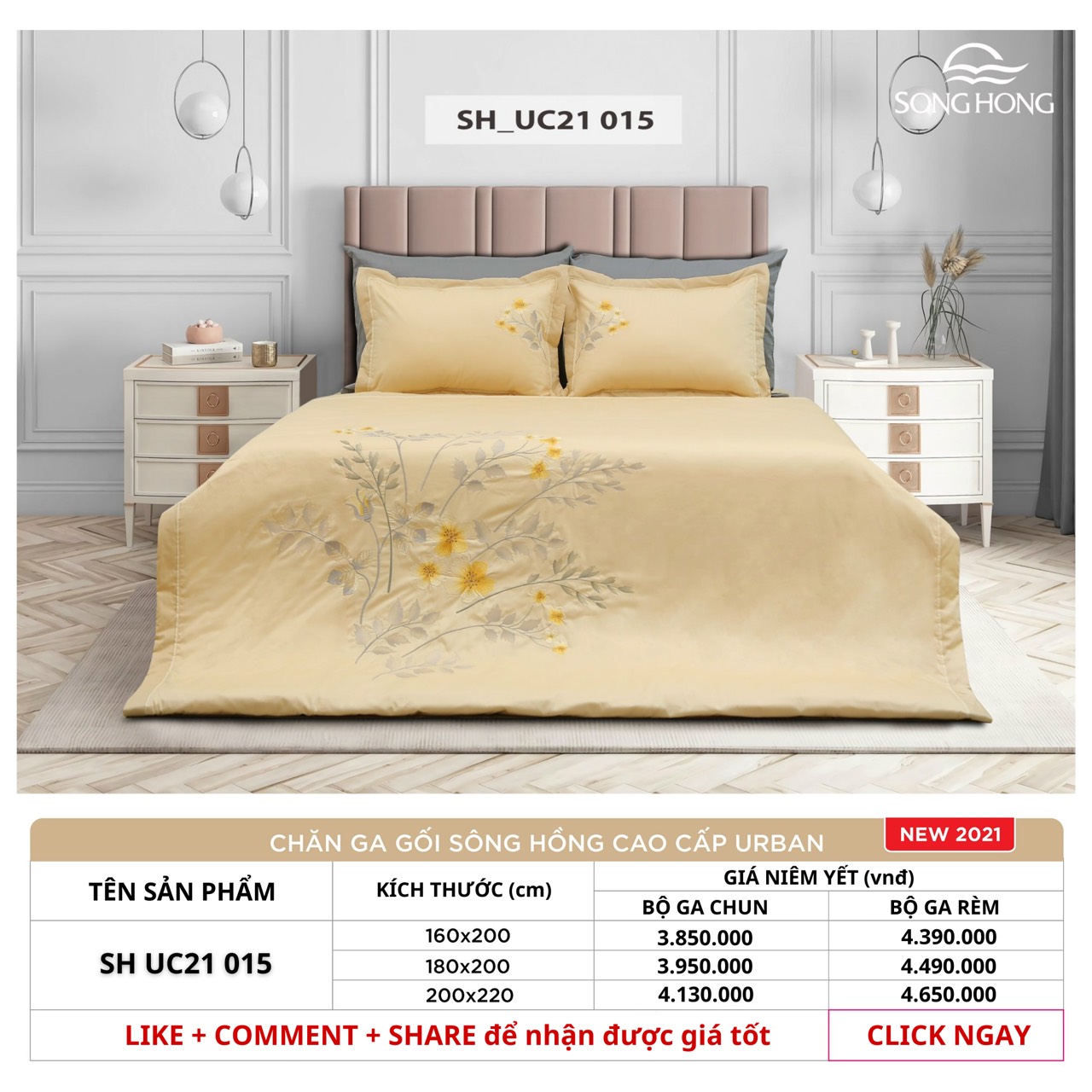 Bộ chăn ga gối cao cấp Sông Hồng UC21015
