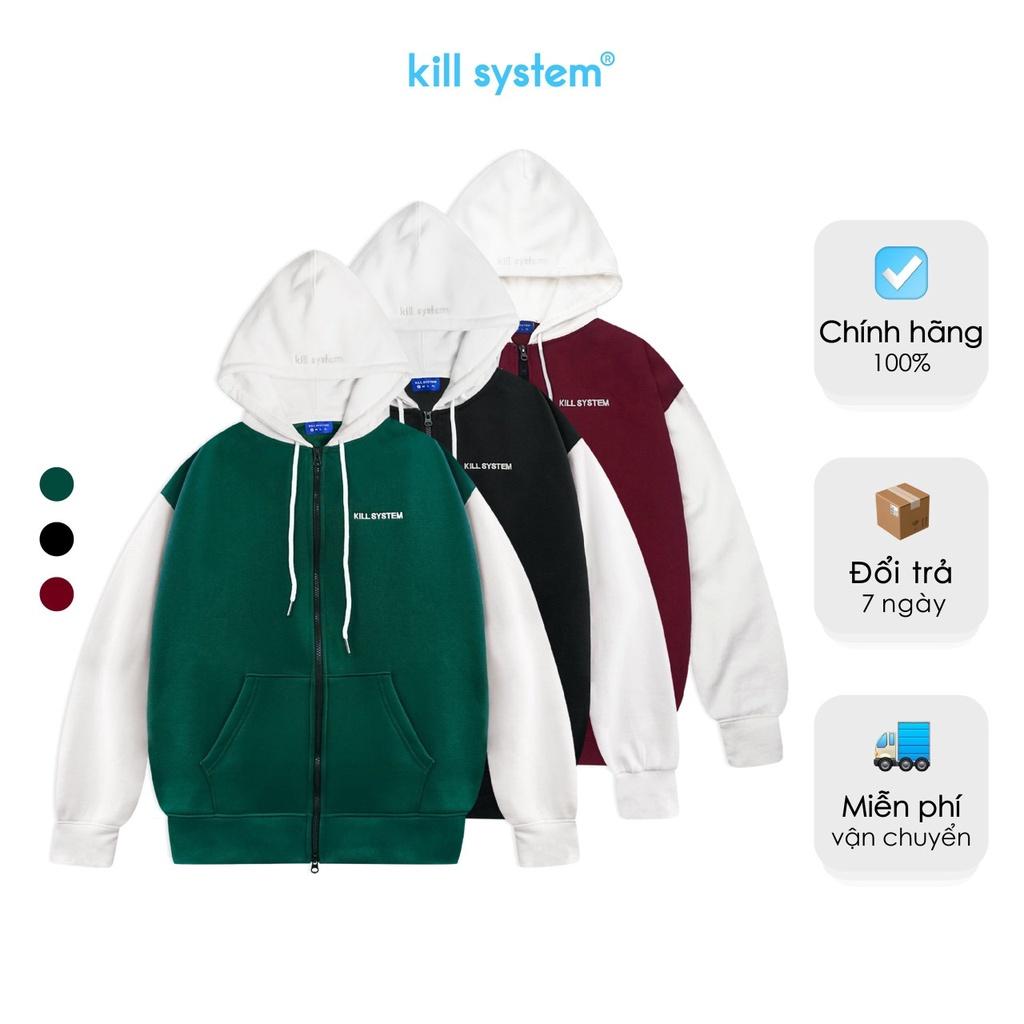 Áo khoác hoodie zip Kill System 22 MOOD oversize có nón nam nữ, vải nỉ bông, đen và rêu tay ráp lăng phối màu kem unisex