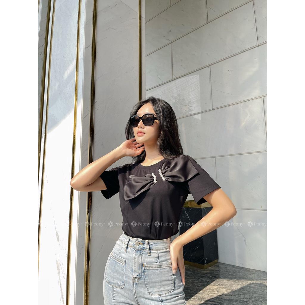 Áo thun kiểu nơ lụa thêu trai trẻ trung, nữ tính, trendy, dáng rộng - Peony