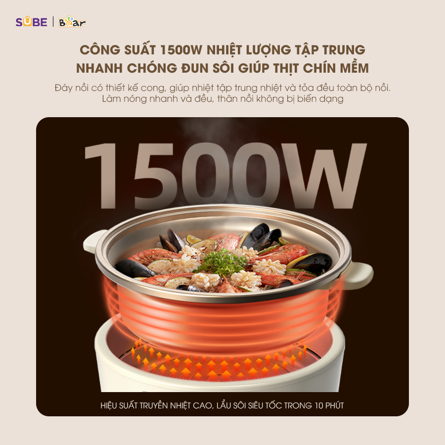 Nồi Lẩu Điện Đa Năng 5L Bear Chiên Xào Nấu Đế Tách Rời Sôi Nhanh Tiết Kiệm Điện Nhiệt Tỏa Đều Siêu Chống Dính SB-NL05F - Hàng Chính Hãng