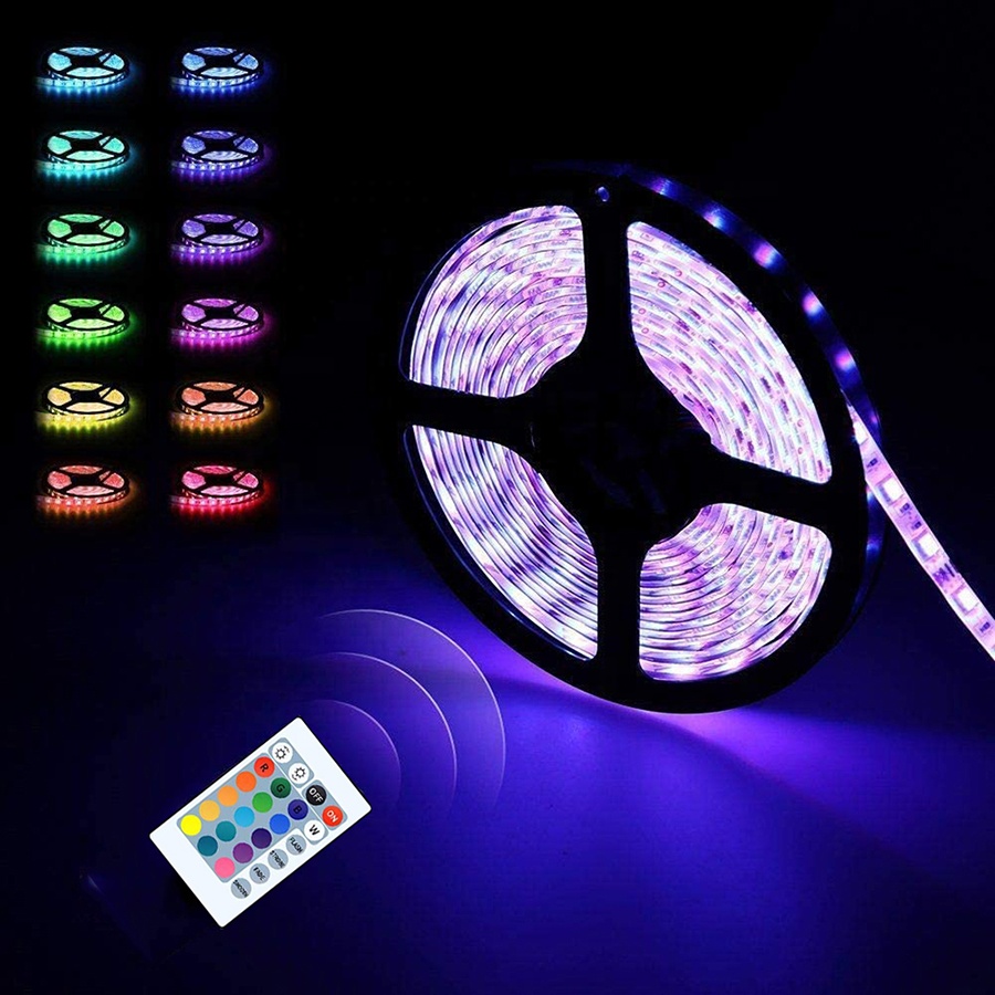 Bộ đèn led dây dán 5050 đổi nhiều màu RGB bằng điều khiển phủ silicon chống nước,  có sẵn keo dán trang trí bàn làm việc, tường thạch cao, ô tô