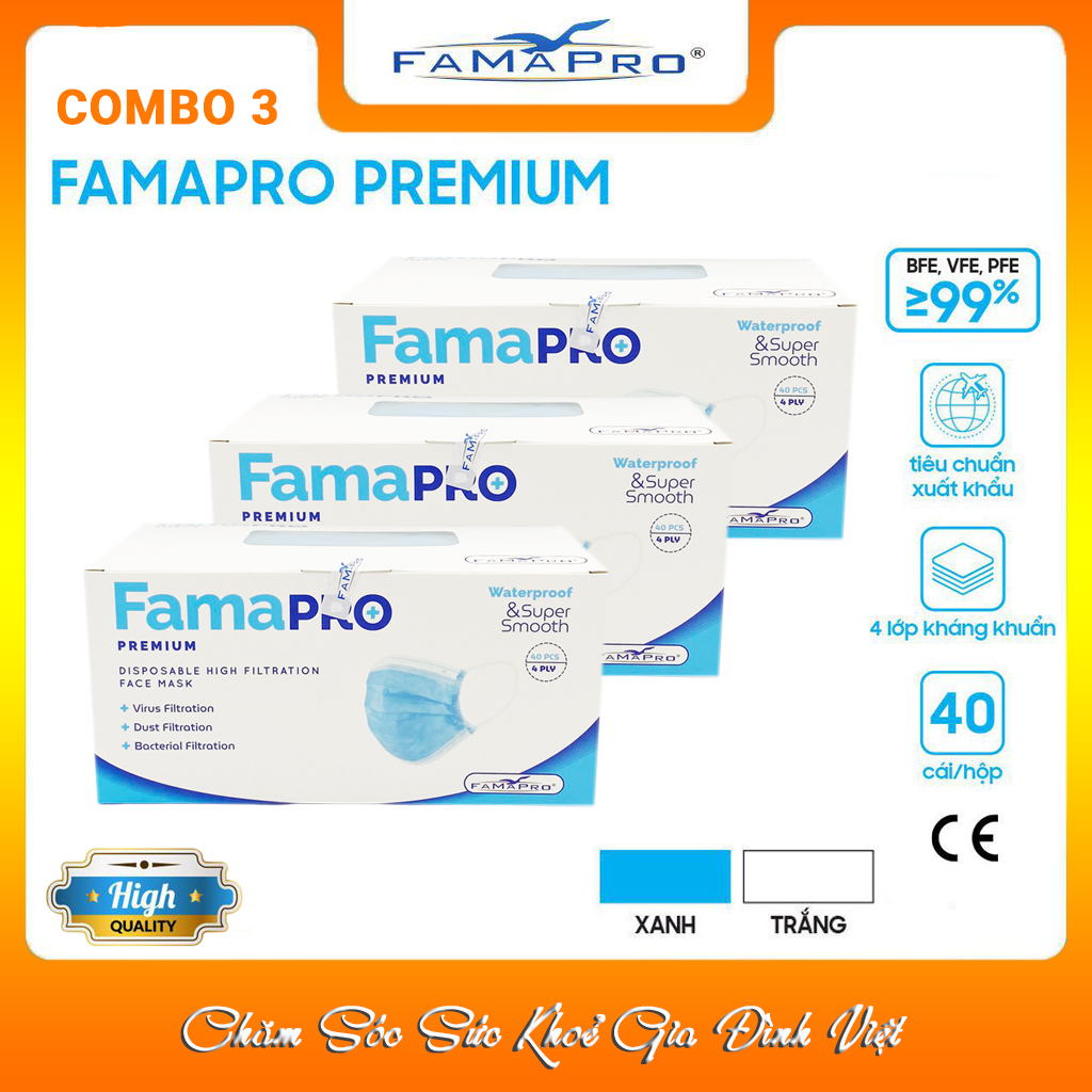 [COMBO 3 Hộp Ưu Đãi] Khẩu Trang Y Tế Kháng Khuẩn Cao Cấp Famapro Premium/Kháng Virus, Bụi, Lọc Khuẩn 99% [Chính Hãng Xuất Khẩu Mỹ Hộp 40 Cái