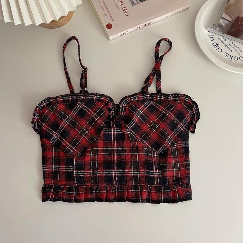 Áo 2 dây hoạ tiết kẻ caro phong cách Retro dễ thương hàng QC