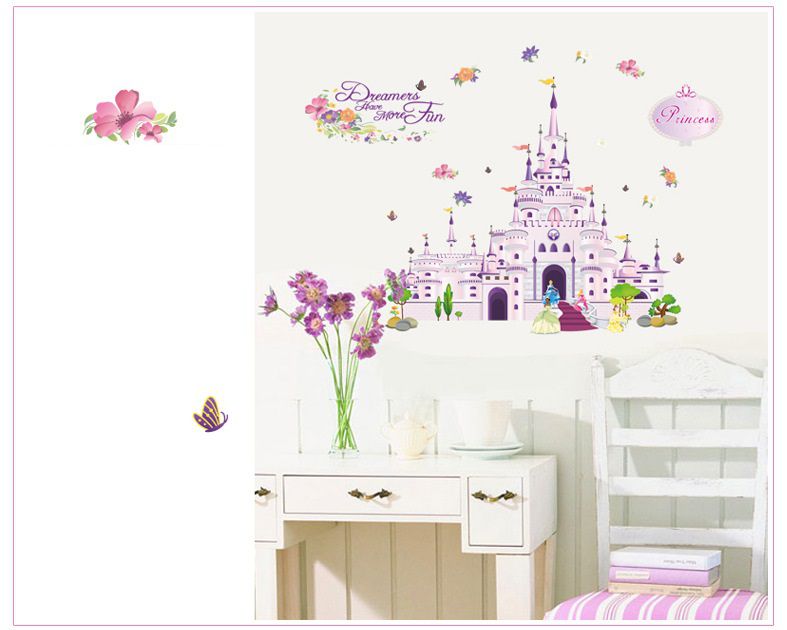 Decal dán tường cho bé gái Lâu đài công chúa màu hồng dễ thương