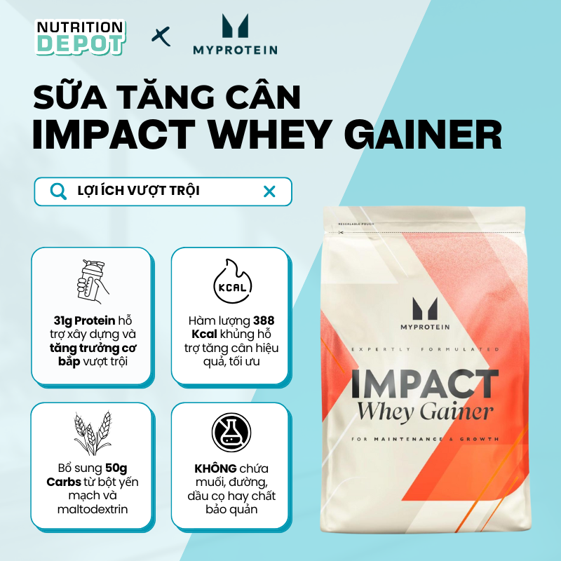 Sữa tăng cân tăng cơ Impact Whey Gainer Myprotein vị Chocolate Smooth ( Túi 2.5kg) - Nutrition Depot Vietnam