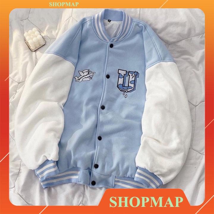 Áo khoác nỉ JACKER BOMBER UNDERTRAP - BOMBER NỈ PE SIÊU ẤM xanh dương, Áo Bomber Nam Nữ Áo Khoác Varsity Unisex Cúc Bấm Thêu Nổi Chữ UChất Nỉ