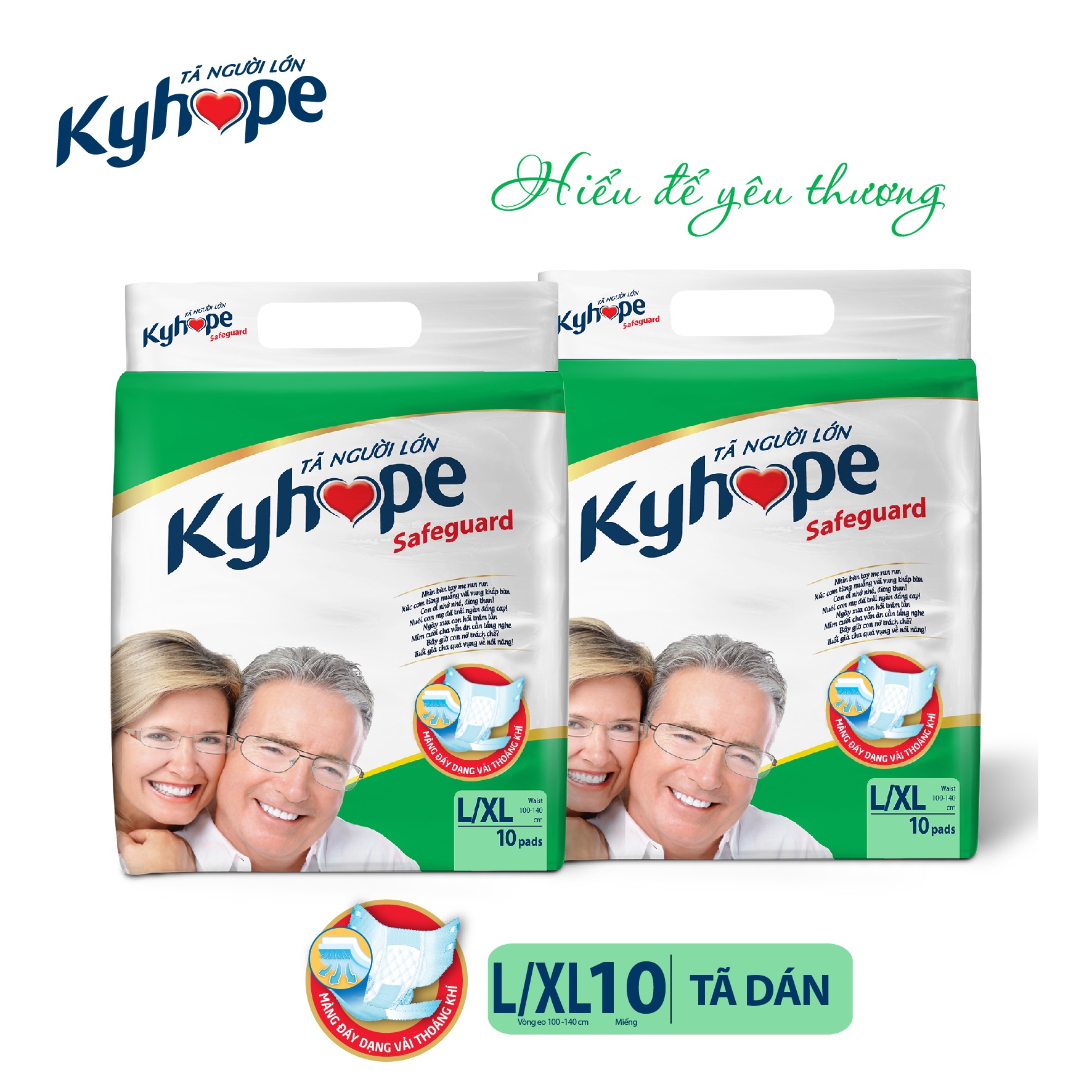 Bộ 6 gói Tã Dán KYHOPE Safeguard size L/XL công nghệ Nhật Bản kháng khuẩn, loại bỏ mùi, gói 10 miếng dành cho người lớn