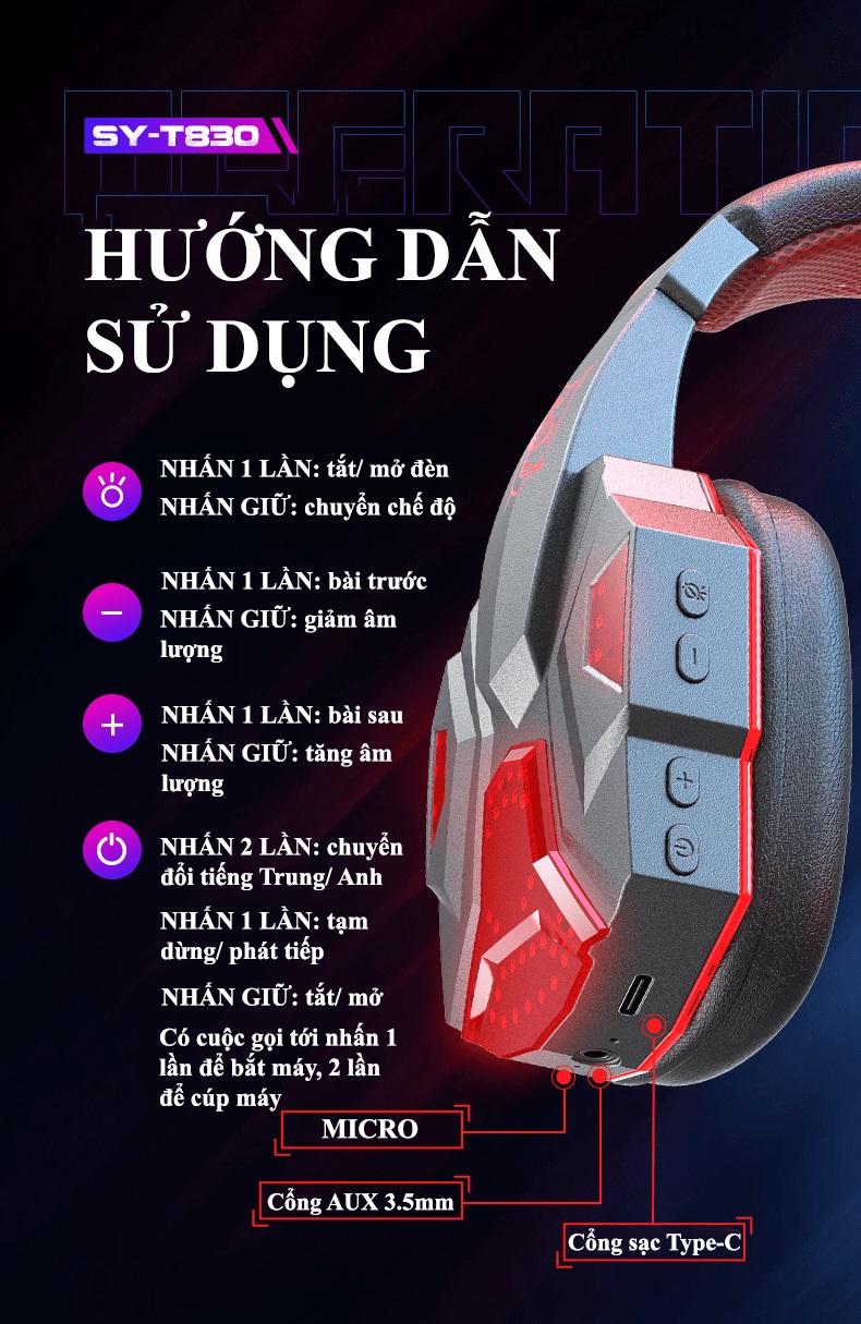 Tai nghe gaming SY-T830 kết nối bằng Bluetooth và cổng AUX 3.5mm có đèn led và âm thanh sống động phù hợp cho game thủ - JL