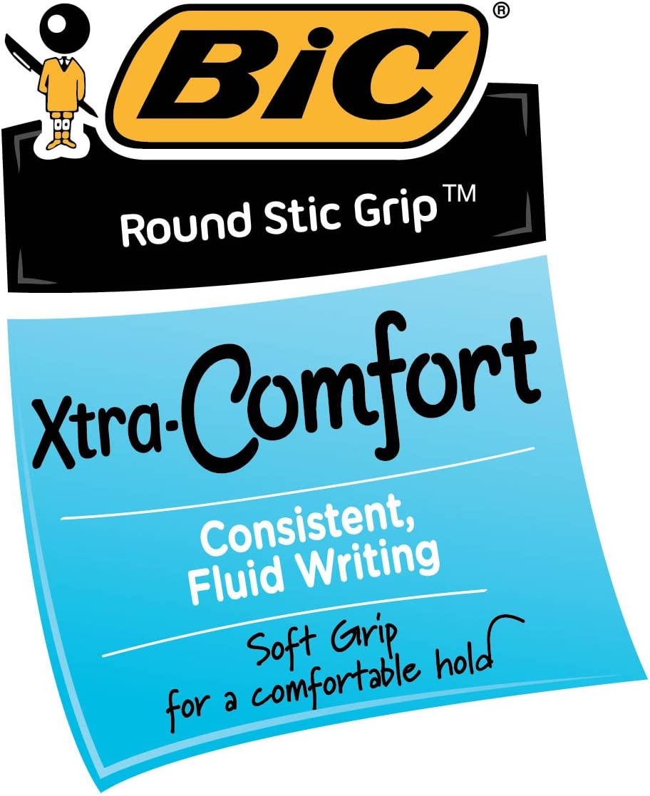 Bút bi cực êm nét đậm BIC Round Stic Grip Xtra Comfort Ballpoint Pen, Cỡ ngòi 1.2mm, 1 cây màu xanh dương, đen hoặc đỏ