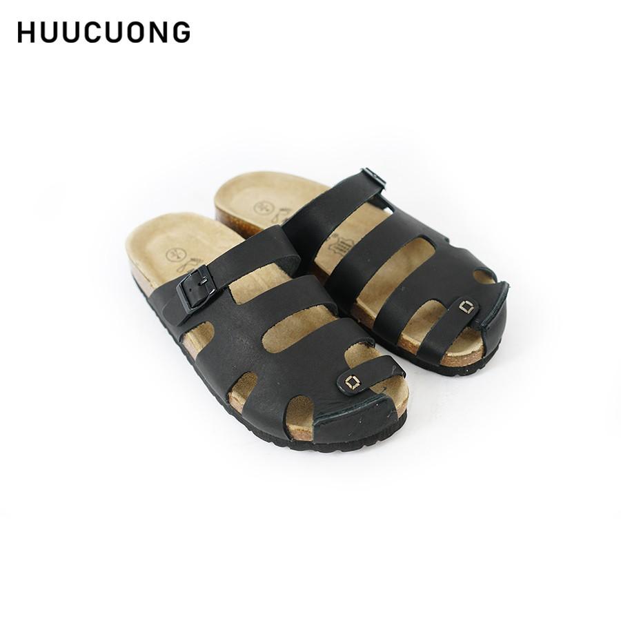 Dép unisex HuuCuong bít mũi da bò đen đế trấu handmade