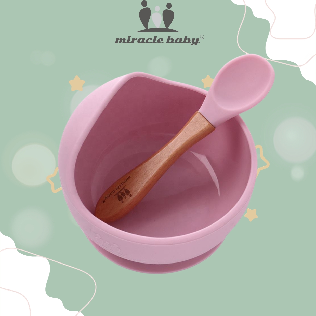 Chén ăn dặm silicone Miraclebaby và muỗng phù hợp dành bé trai, bé gái trên 5 tháng tuổi