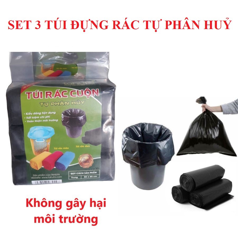 SET 3 túi đựng rác tự hủy , bịch đựng rác size trung 55x65cm trọng lượng 500g