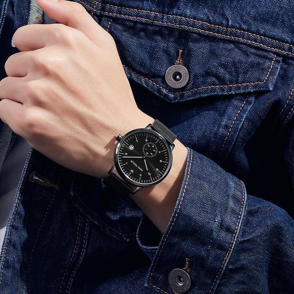 Đồng hồ Quartz Lưới thép Hiển thị lịch 30M MINI FOCUS chống thấm nước Nam