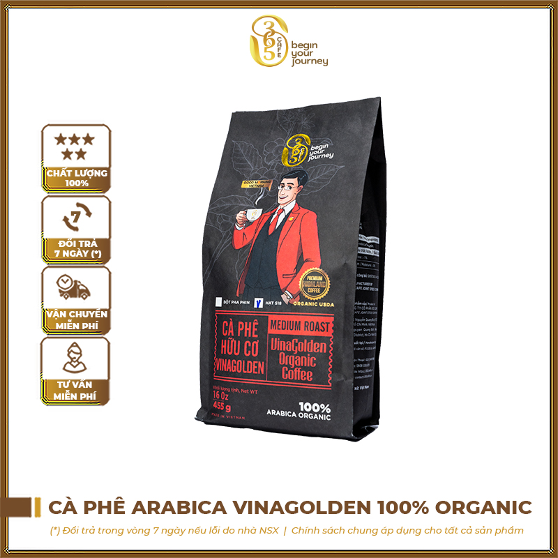 Cà phê hữu cơ VinaGolden 100% Arabica Organic 365 CAFE rang xay nguyên chất, pha phin, pha máy VGO365