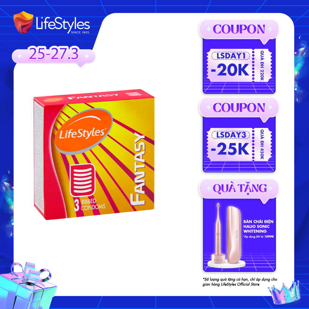 Bao cao su LifeStyles Fantasy Gân Ngang, Nhiều Gel Bôi Trơn tăng Khoái Cảm - Hộp 3 bao