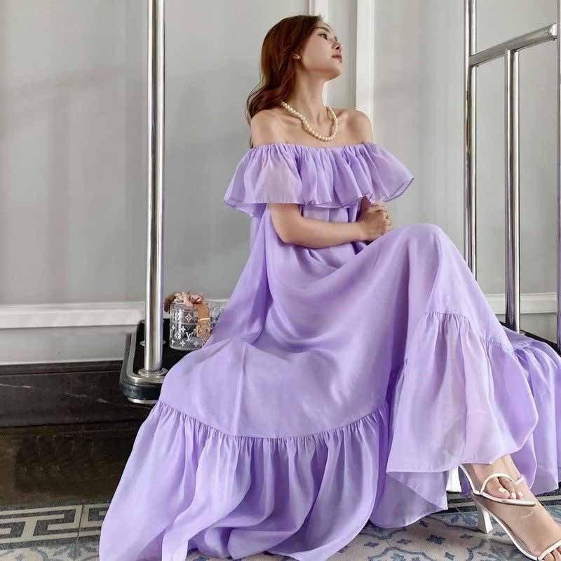 Váy đầm maxi bèo trễ vai 6 màu siêu xinh thải dáng đẹp 2 lớp có ảnh thật kèm video chất voan lụa mềm mịn mặc nhà đi biển
