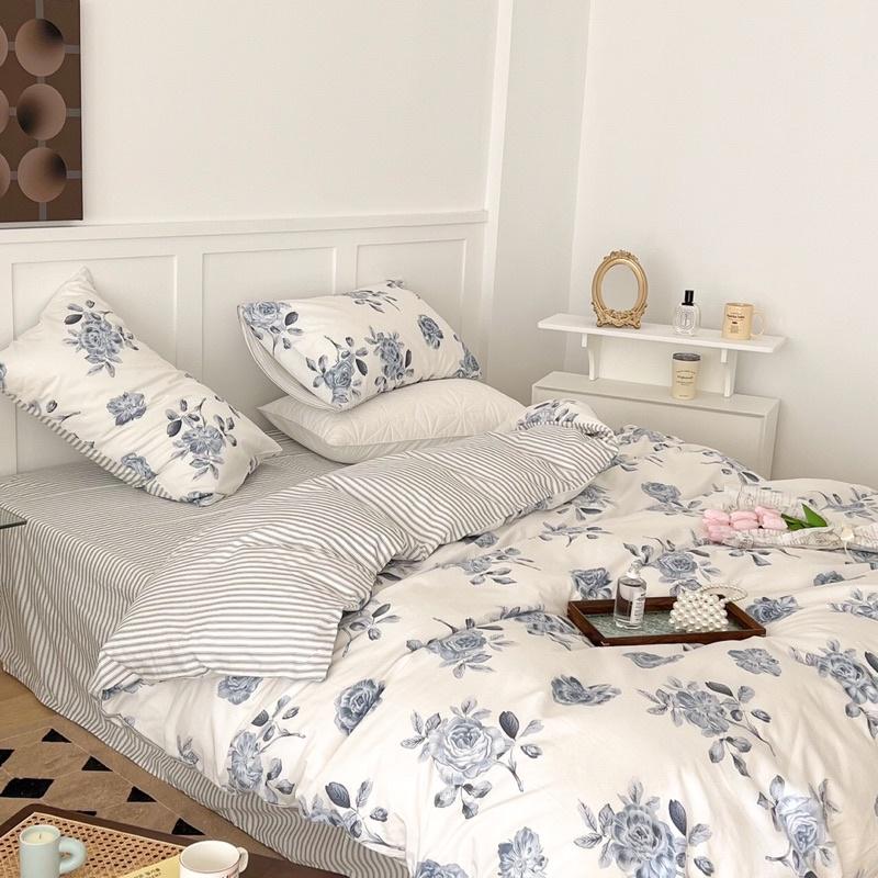 Bộ Chăn Ga Gối Cotton living 100%cotton Hàng Nhập Khẩu Cao Cấp Hoa Hồng Pháp