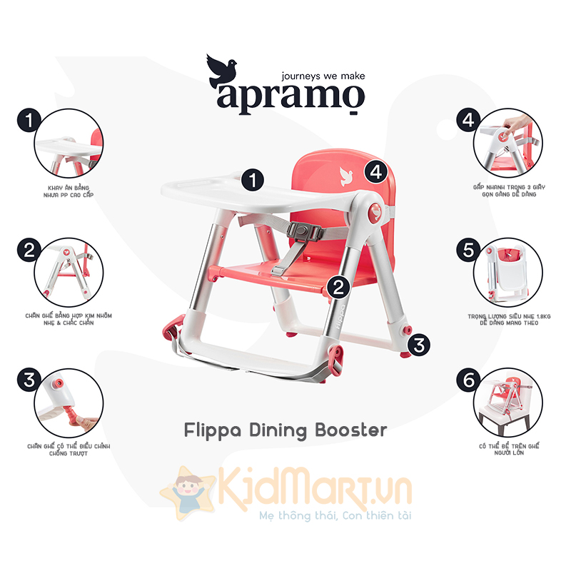 Ghế ăn dặm cho bé gấp gọn siêu nhẹ KidAndMom Apramo Flippa Dining Booster phiên bản bò sữa có thể mang theo du lịch