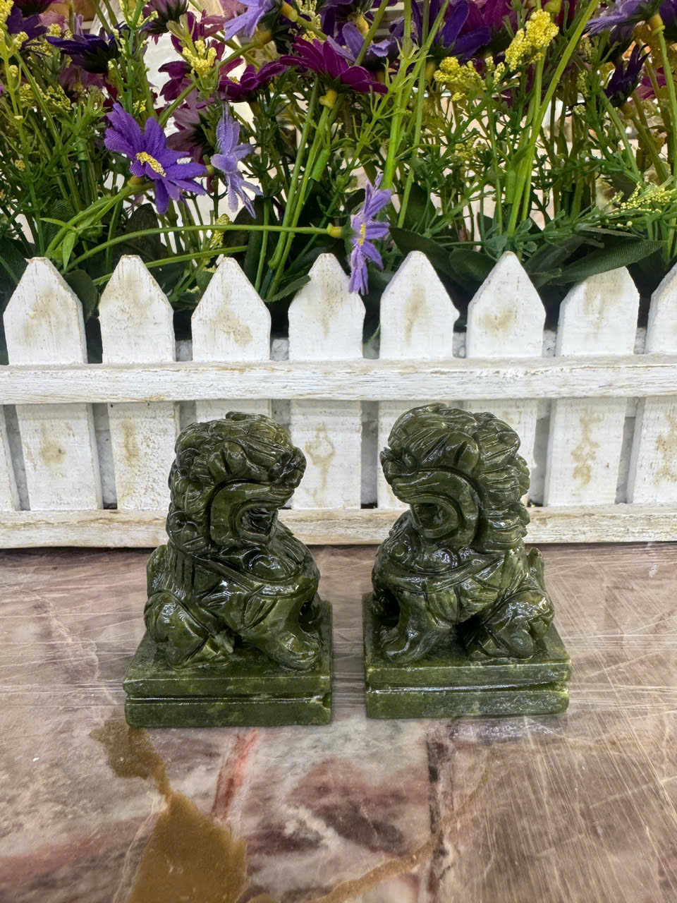 Cặp tượng Kỳ Lân phong thủy đá Seperentine trang trí bàn làm việc - Cao 7cm