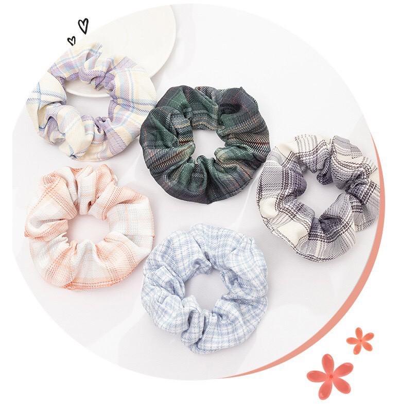 Dây buộc tóc,cột tóc scrunchies kẻ phồng Hàn Quốc nhiều màu