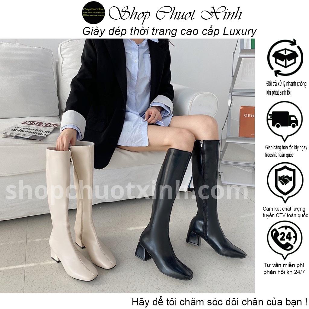 Boot đùi khóa sườn hai màu đen kem bản trung cao cấp full size nữ hàng quàng châu được phân phổi bởi shopchuotxinh